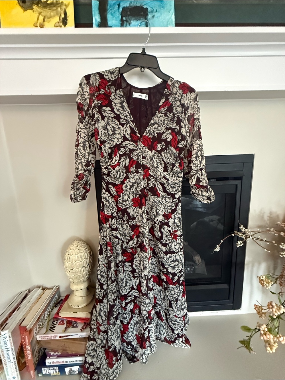 Mango Burgundy and Ivory Floral V‑Neck Midi Dress
